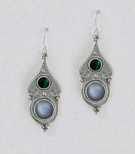 Sterling Silver Gothic Look With Grey Moonstone And Malachite Gemstone Drop Dangle Earrings